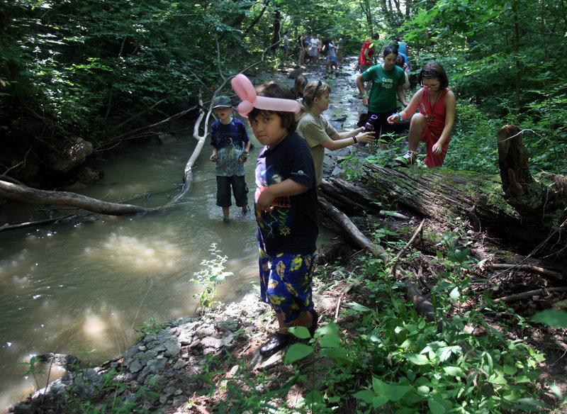 Kids at Camp Quest in Clarksville, Ohio, slog through a creek looking for animal bones and arrowheads during an archeology lesson. The sleep-away camp is for the children of atheists, agnostics, humanists and other nonbelievers.