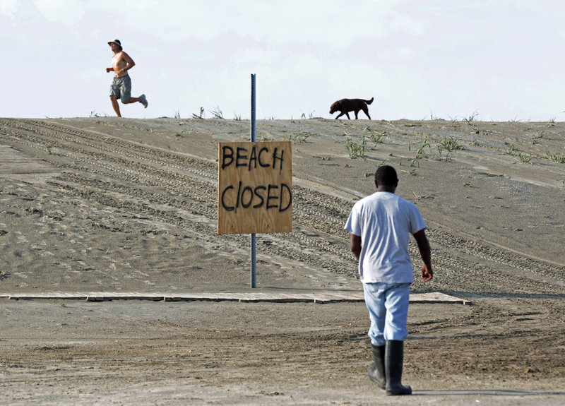 A man runs along the beach with his dog as workers gather to clean up oil residue in Grand Isle, La., recently. One of the two wells aimed at stopping the Gulf oil spill is on target for completion by mid-August, BP said Friday.