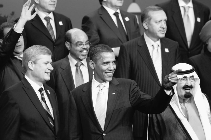 President Obama is joined by Canadian Prime Minister Stephen Harper, from left, Ethiopian Prime Minister Meles Zenawi, Turkish Prime Minister Recep Tayyip Erdogan, upper right, and King Abdullah of Saudi Arabia during the official photo at the G-20 Summit on Sunday.