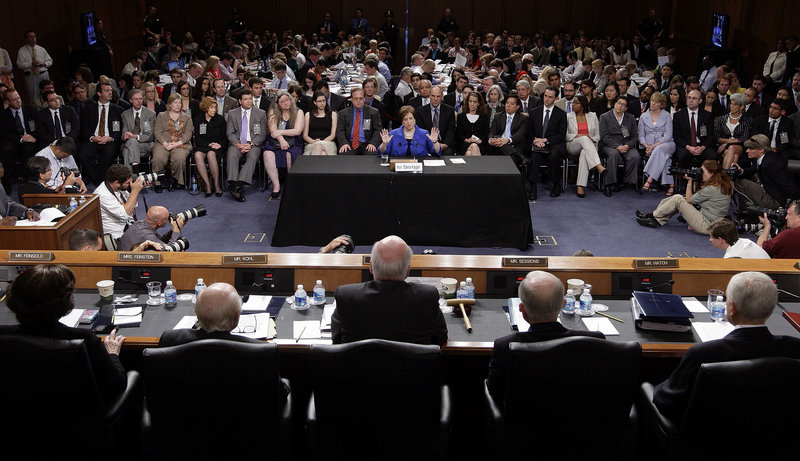 Members of the Senate Judiciary Committee listen to Elena Kagan’s opening statement. “We don’t have any substantive evidence to demonstrate your ability to transition from a legal scholar and political operative to a fair and impartial jurist,” Sen. Charles Grassley, R-Iowa, said in his remarks.