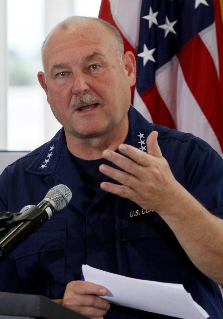 Coast Guard Adm. Thad Allen speaks to the media in New Orleans on Monday. Allen said officials are monitoring the storm “very very closely,” and he expects a relief well – barring a hurricane – to be finished by mid-August.