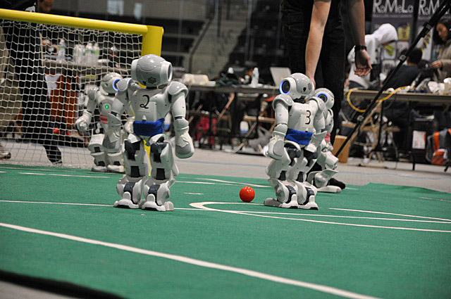 Scene from the 2010 RoboCupSoccer U.S. Open for the Standard Platform League, which was held in April at the Watson Ice Arena at Bowdoin. The Northern Bites took second place.