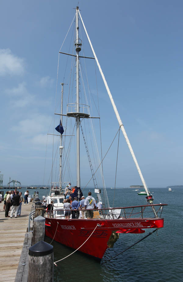 The Ocean Alliance's laboratory-equipped sailboat Odyssey is shown docked at a South Portland pier before its departure for the Gulf of Mexico.