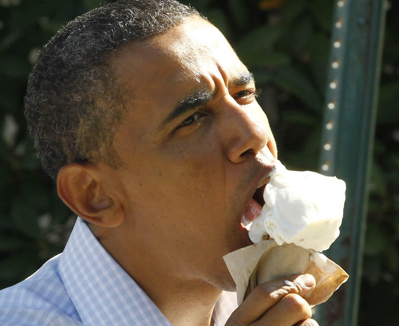 President Barack Obama eats coconut ice cream last Friday during a visit to Mount Desert Island Ice Cream in Bar Harbor. The three-store chain (two locations in Bar Harbor and one in Portland) has had a run on its products since then.