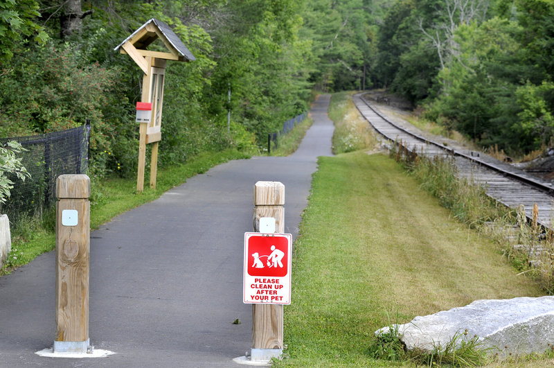 The end of the paved section of the Mountain Division Trail at Route 202 in South Windham.