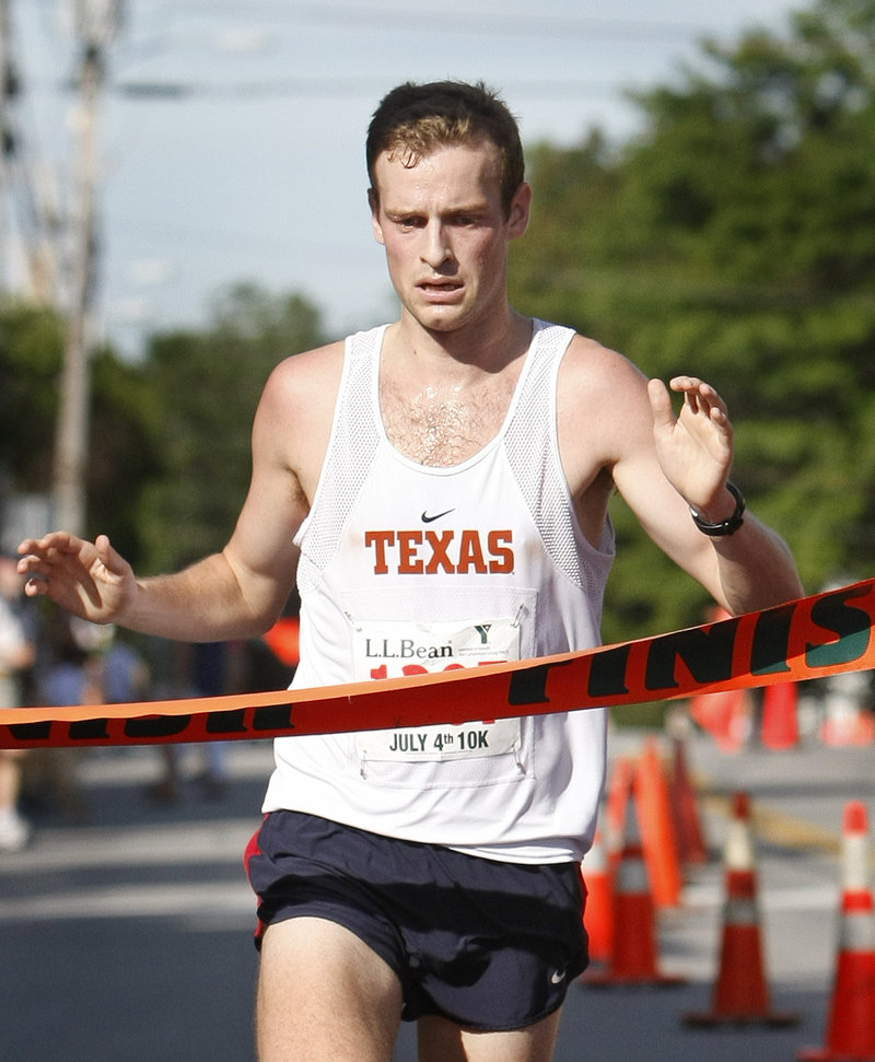 Patrick Tarpy, 28, a Yarmouth native, burned up the course on a hot day for the L.L Bean 10K Road Race Sunday, taking a minute off the course record and winning by more than two minutes.