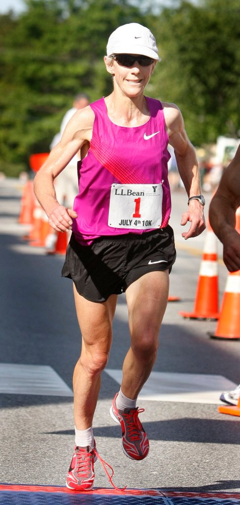 Freeport's Joan Benoit Samuelson won the L.L. Bean 10K again, despite an untied shoelace and flying in from a 5K road race in Arizona the previous day.