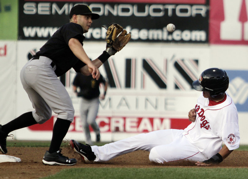 Portland’s Chih-Hsian Chiang steals second base, beating the throw to New Hampshire’s Jonathan Diaz during the first inning Tuesday night at Hadlock Field. The Fisher Cats took the lead on slugger Shawn Bowman’s three-run homer in the fifth, and Portland lost its fourth in a row.