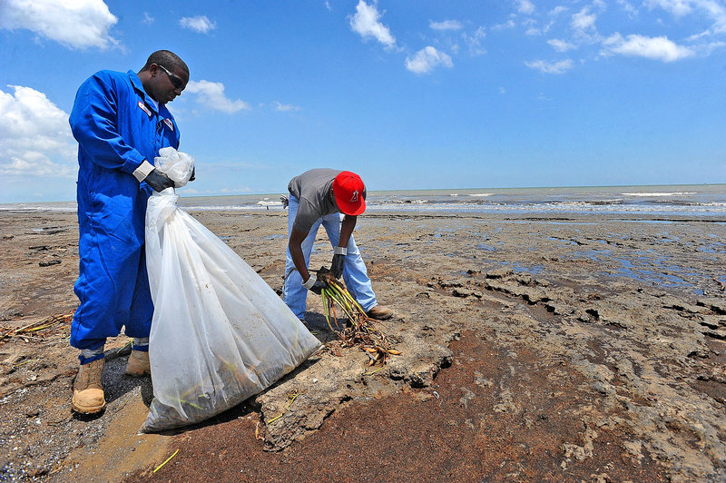 Workers Anthony Batchan, left, and Joseph Thomas pick oily seaweed off McFaddin Beach in Texas on Tuesday.
