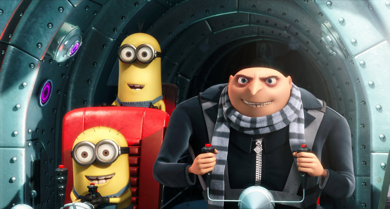 Gru, voiced by Steve Carell, is shown with two of his minions in “Despicable Me.”