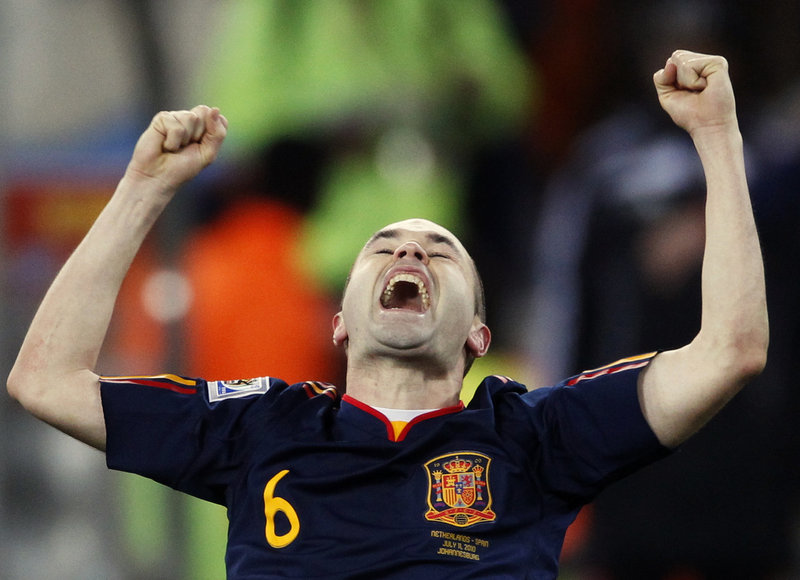 Andres Iniesta celebrates his goal that put Spain ahead 1-0 with about seven minutes left in extra time in the World Cup final.