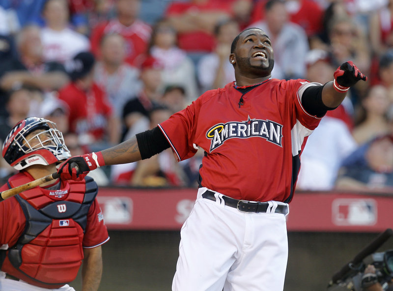 David Ortiz of the Red Sox watches a home run during the first round of Monday’s Home Run Derby in Anaheim, Calif. Ortiz was the winner, beating former Sea Dog Hanley Ramirez in the final. �