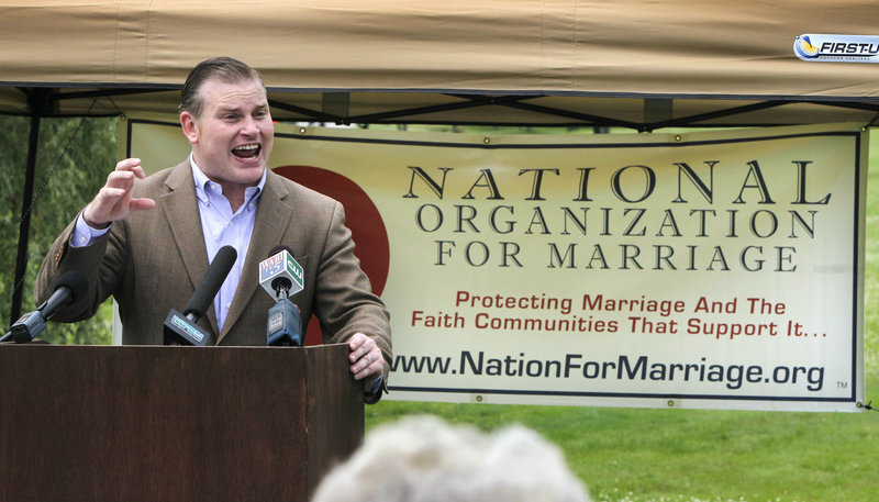 Brian Brown, executive director of the National Organization for Marriage, makes a point during a rally for opponents of same-sex marriage Wednesday in Augusta.