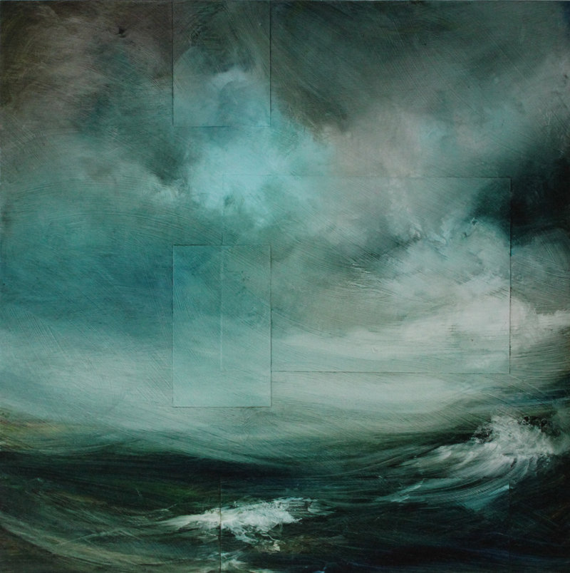 “Sea IV,” mixed media on panel, by Susan Barnes at Greenhut Galleries in Portland.