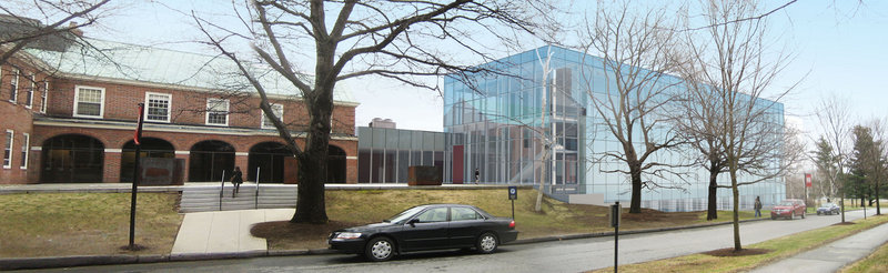 An artist’s rendering shows the planned expansion of the Colby College Museum of Art in Waterville. The three-story glass prism will house the Lunder Collection and should be open to the public in 2013.