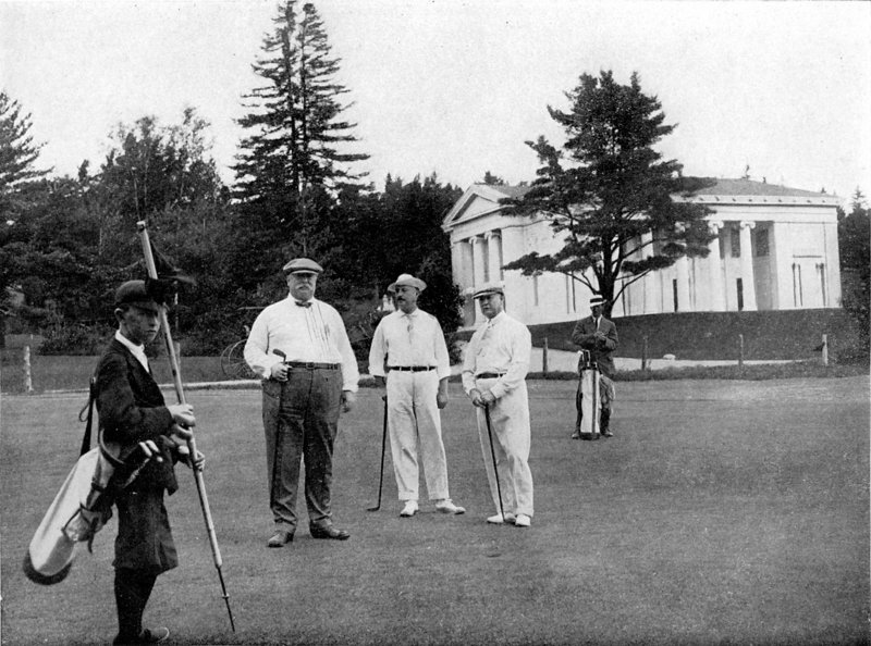 President William Howard Taft, center, visits Kebo Valley Golf Club on Mount Desert Island in 1910. With him are caddy Howard Clark and Capt. Archibald Butts.