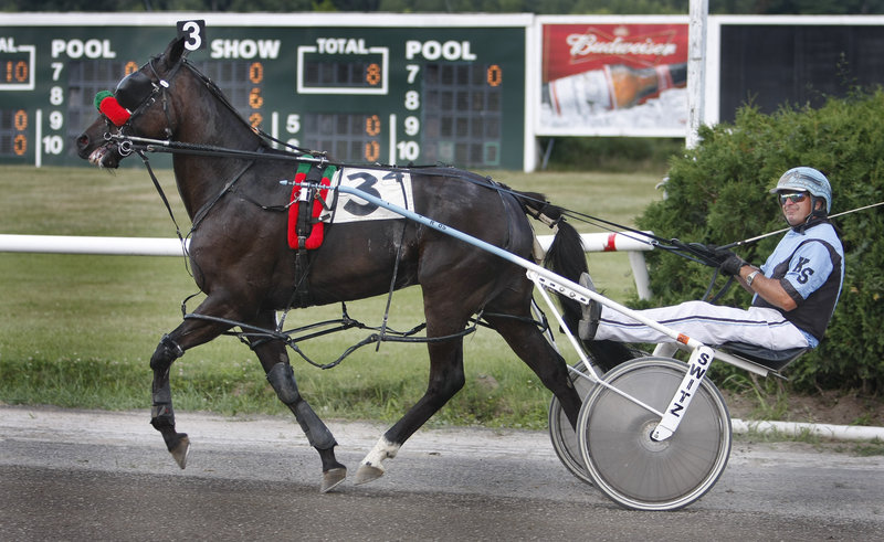 Kevin Switzer of Cumberland heads to the winner's circle with Four Starz Prince after winning the fourth race on the 12-race card that celebrated the 60th anniversary of Scarborough Downs' opening.