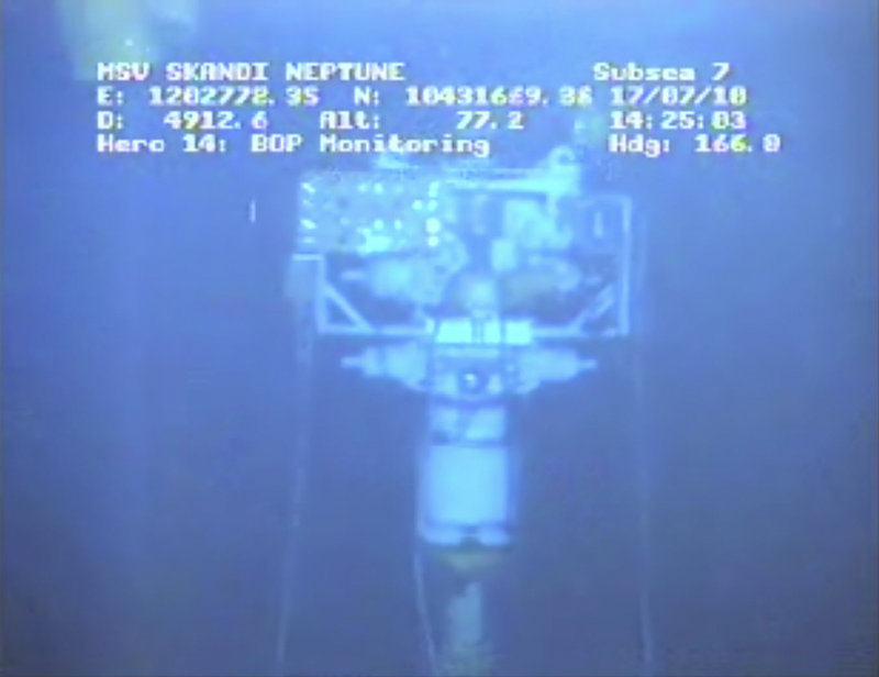 In an image taken from video provided by BP at 3:25 p.m. Saturday, the containment stack is shown at the site of the Deepwater Horizon spill. The government added another day of monitoring after a trial run of the cap ended.