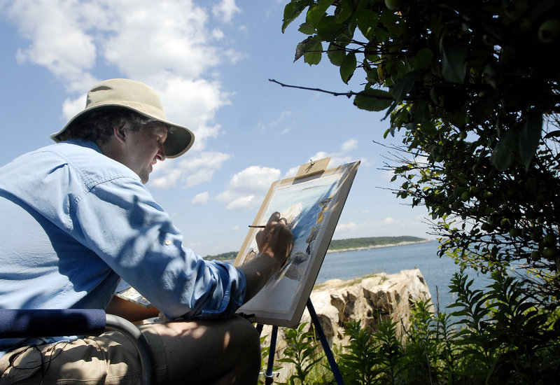 Michael Boardman of North Yarmouth paints a landscape of the cliffs in Fort Williams Park in Cape Elizabeth for the third annual Paint for Preservation event Sunday.