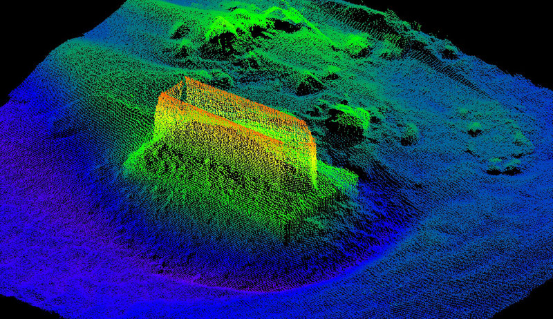 Color shading on the underwater image of one of the bridge piers provides baseline data to help monitor scour, a condition in which foundations can be undermined by moving water and lead to bridge failure.