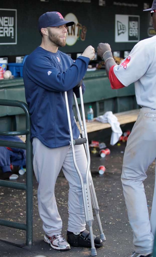 Dustin Pedroia has been on the disabled list since late June, and the 2008 American League MVP is still wearing a protective boot while his broken left foot heals.