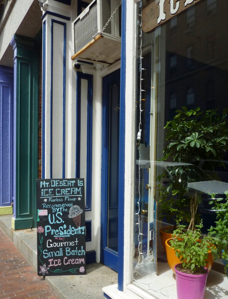 A sandwich board advertising the first family’s visit to Mount Desert Island Ice Cream has been driving business to the Portland location on Exchange Street.