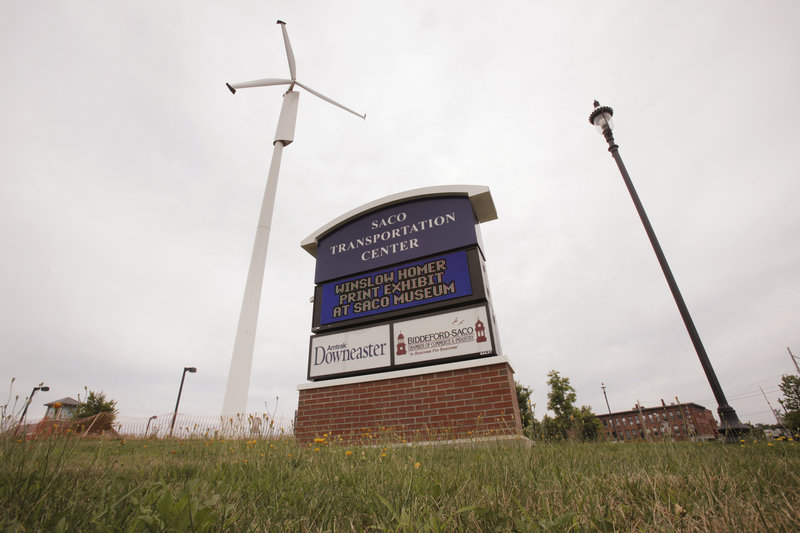 The wind turbine at the Saco Transportation Center has not generated the amount of electricity the city was promised during the unit’s first 18 months of operation, and now it needs repairs.