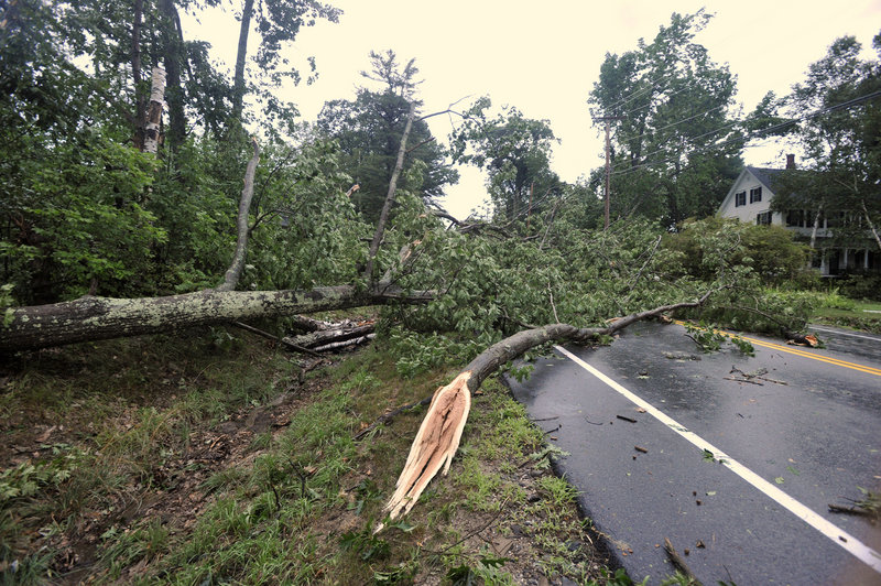 Downed trees block Fort Hill Road (Route 114) in Gorham. Widespread damage was reported in York County, including severe roof damage to a house on Foss Road in Limerick and to a house on Gore Road in Alfred.
