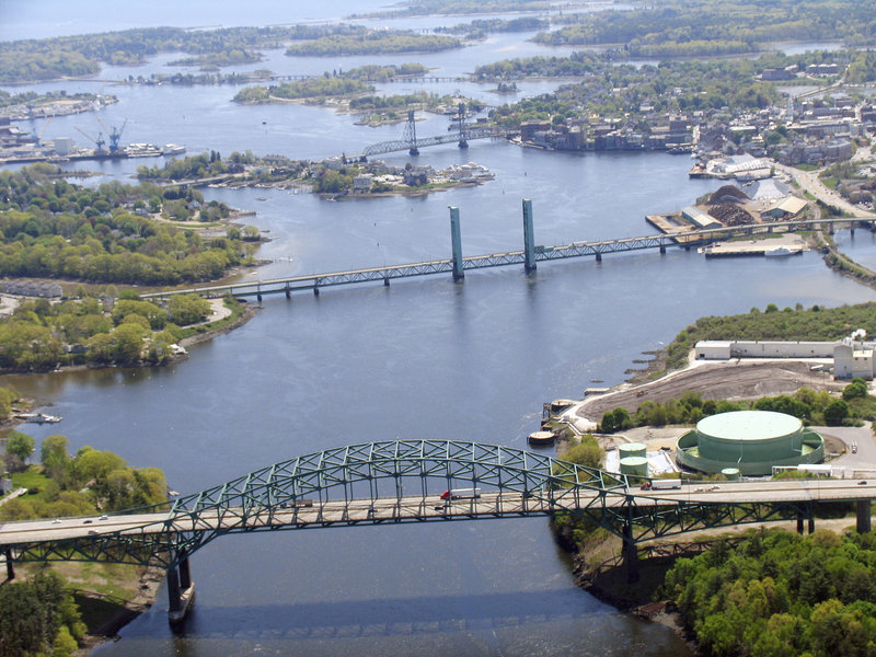 The Memorial Bridge, background, and Sarah Mildred Long Bridge, middle, two of the three spans linking Maine to New Hampshire over the Piscataqua River, must be repaired or replaced.