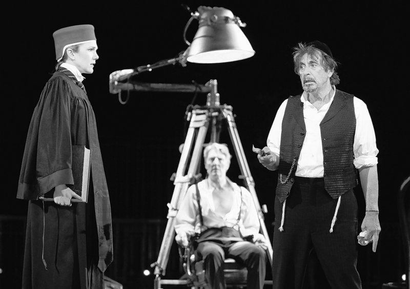 Al Pacino, right, plays Shylock in “The Merchant of Venice” at the Delacorte Theater in New York. The play will move to Broadway on Oct. 19.