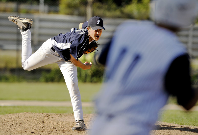 Caleb Fraser of Portland delivers a pitch to Kaleb Kent of Westbrook at Deering Oaks on Monday. Fraser gave up five hits, struck out four and walked five as Portland won the first game, 6-1. Portland won the second game, 1-0.