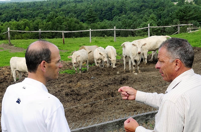 Gov. John Baldacci and Sunset Meadow Farm manager Peter Victor chat in front of a small herd of cows Monday morning during a tour of the farm in Vassalboro.