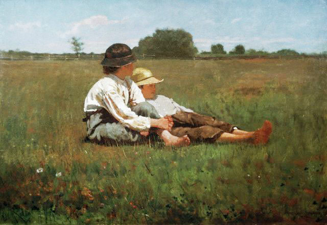 "Boys in a Pasture," by Winslow Homer. Boys in a Pasture by Winslow Homer 2 American (period or style) Barefoot Boys Children Fine art Friendship Grassland Grazing land Hat Headgear Leisure Located in: Museum of Fine Arts, Boston Males Meadow North American (period or style) Oil paintings Paintings Pastoral Pasture People Reclining Relaxation Resting Rural scenes Seasons Straw hat Summer Teenager Visual arts Whites Winslow Homer