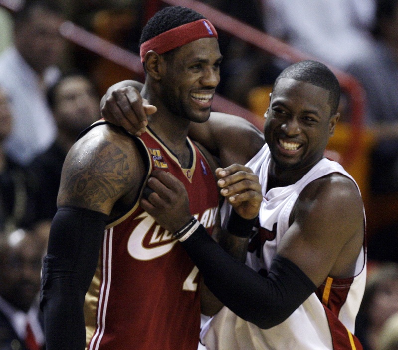 LeBron James, left, and Dwyane Wade were smiling when they were on opposite teams. Starting this fall, with Chris Bosh, theyâll be teammates on the Miami Heat.