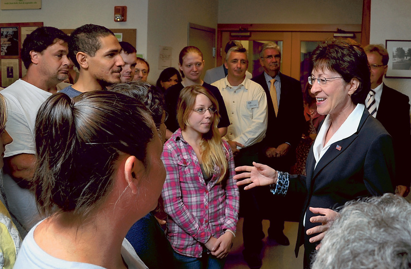 U.S. Sen. Susan Collins talks with employees of the Tom’s of Maine manufacturing plant in Sanford after a tour earlier this month. Republican Collins has found herself in a pivotal position on many major issues of the day in Washington.