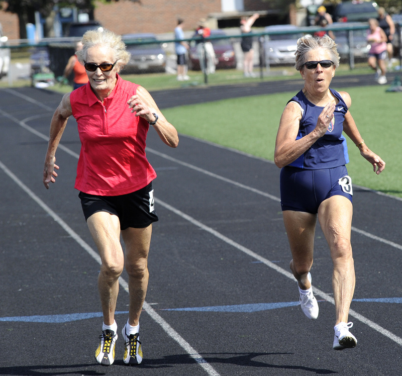 Audrey Lary, 76, from Frederick, Md. edges 74-year-old Barbara Jordan from So. Burlington, Vt., to win the 200 during the Maine Senior Games state track meet today at Scarborough High School.