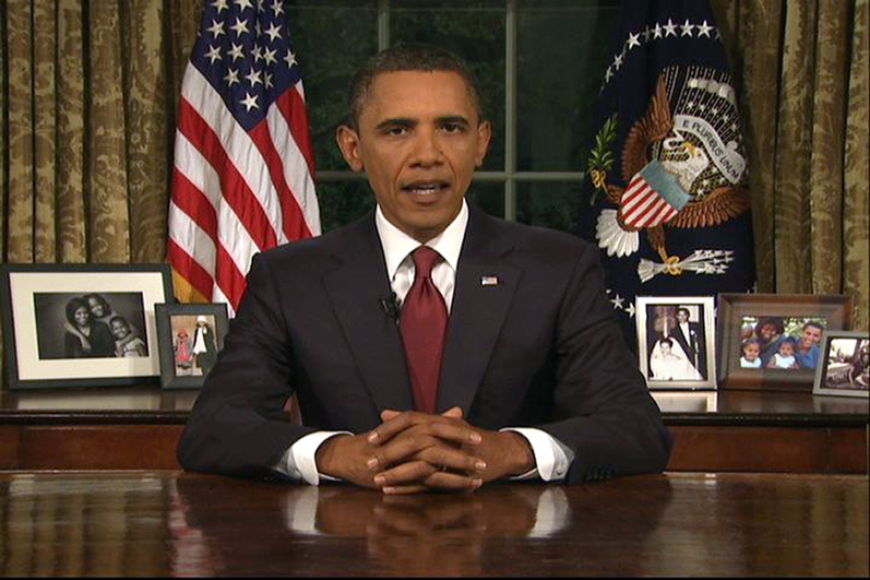 In this image from video, President Obama speaks from the Oval Office at the White House tonight about the end of the U.S. combat role in Iraq.