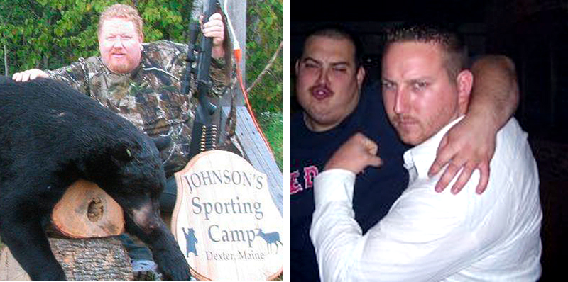Andrew Giroux of Saco, shown here with a black bear he shot last year in Sangerville, and his son Dustin, far right.