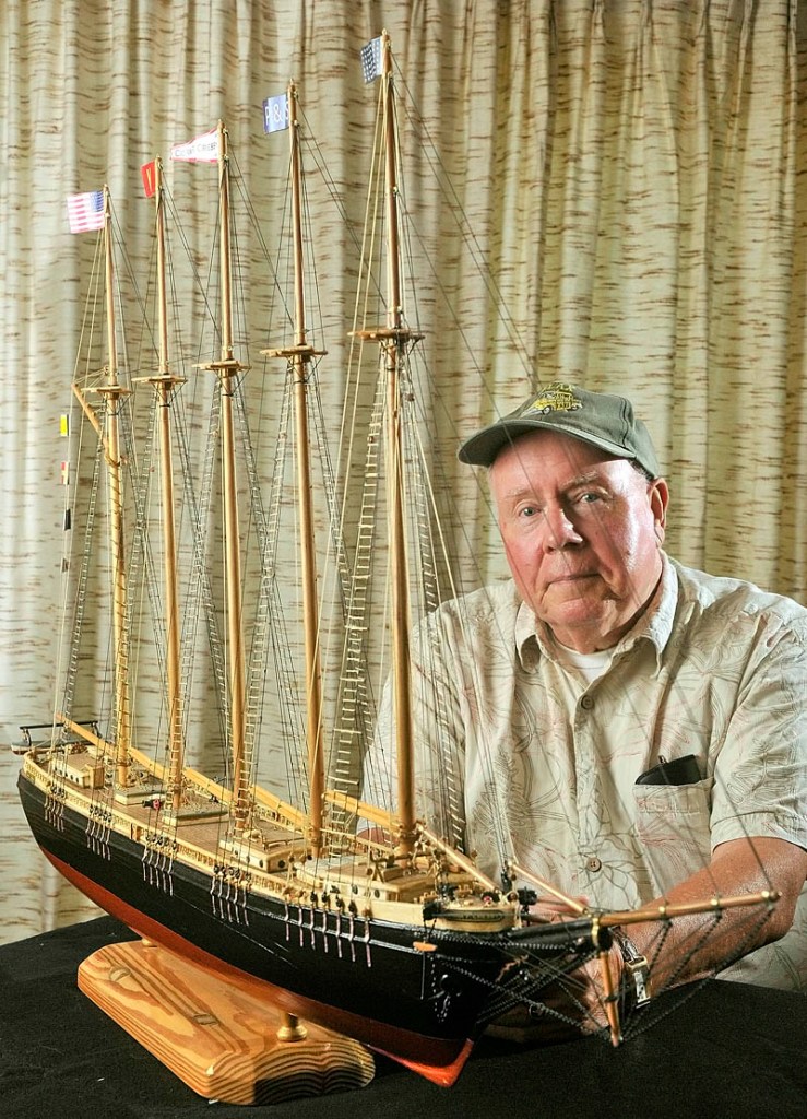 Roger Anttila’s most recent project was a model of Cora F. Cressy. It is carved out of the original forward hull timber from the Cressy, a massive five-masted schooner built in 1902 at the Percy & Small Shipyard in Bath.