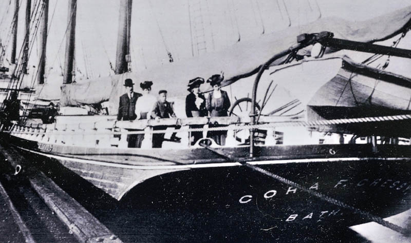 This 1902 photo shows Cora Cressy, second from left, along with husband Myron, son Dustin and two unidentified women standing at the stern of her namesake ship.