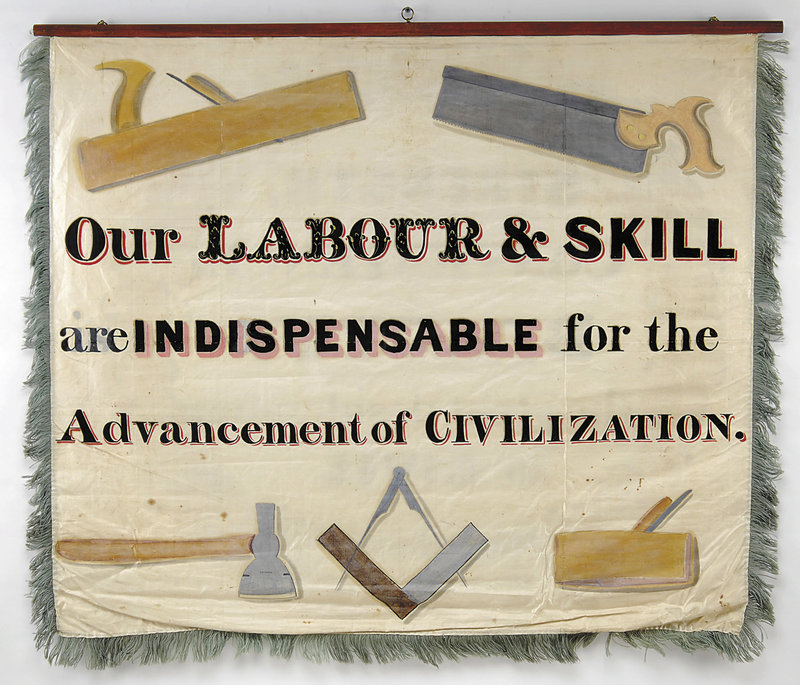 The Maine Charitable Mechanic Association, a trade group based in Portland that dates to 1815, created a series of banners in the early 1800s to promote the skilled trades. These banners were used in parades and other events, and helped establish the labor movement in Maine.