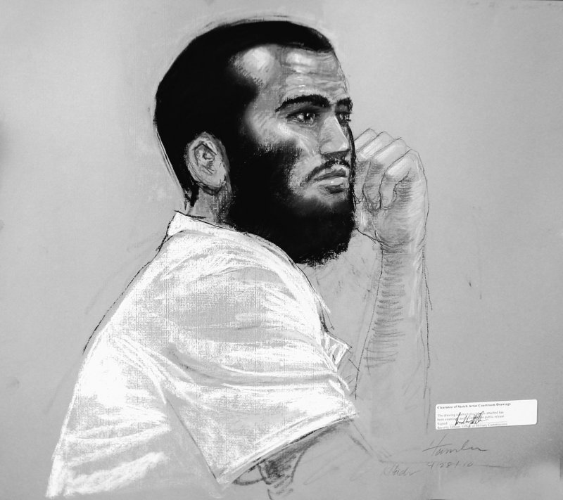 A courtroom sketch shows Canadian defendant Omar Khadr, for whom critics oppose a war crimes trial because he was 15 when he allegedly threw a grenade that killed a U.S. army sergeant.