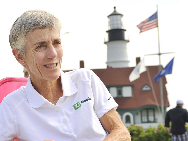 Joan Benoit Samuelson, founder of the Beach to Beacon road race, talks about Saturday’s event near the finish line at Portland Head Light.