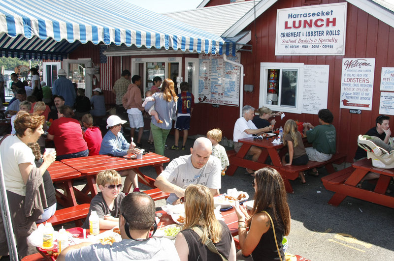 Many visitors bring their own wine or beer to Harraseeket Lunch & Lobster Co. and find a spot to eat at the picnic tables outside, in the sun or under the canopy. There also are tables inside for anyone who wants to escape the heat or chill.
