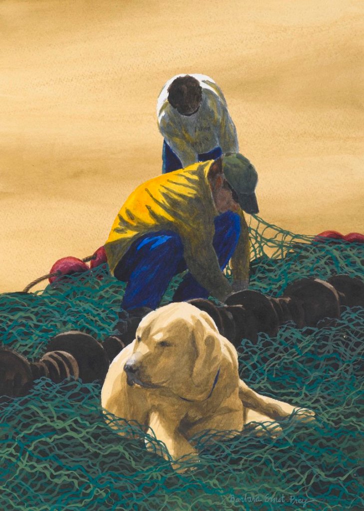 “The Mender’s Assistant,” watercolor, 2010, reflects Barbara Ernst Prey’s affection for the local fishing industry.