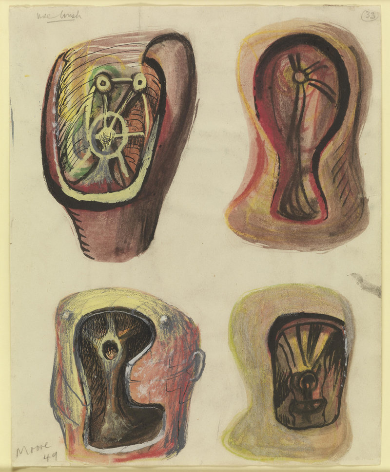 “Helmet Heads,” 1949, pencil, chalk, charcoal, wax crayon, watercolor, ink and gouache