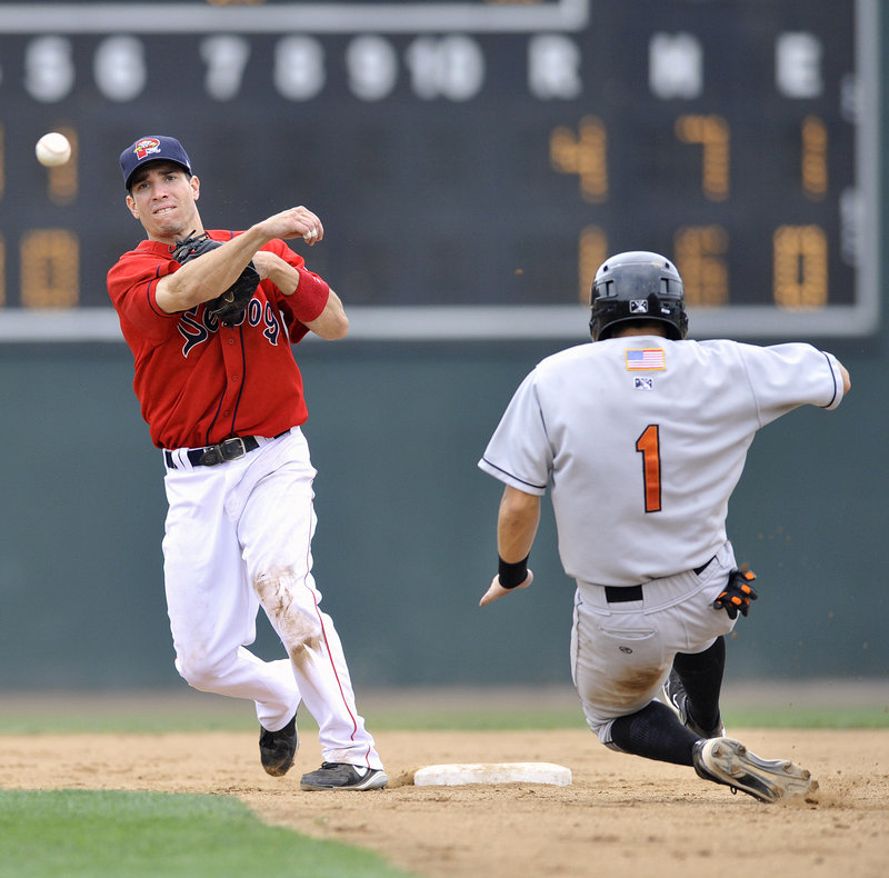 Sea Dogs second baseman Nate Spears avoids the sliding Greg Miclat of the Baysox and throws to first to complete a double play Thursday afternoon at Hadlock Field. Bowie took an early lead and put away a 4-3 victory.