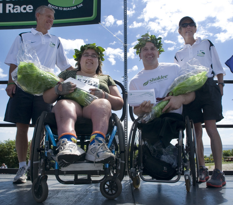 Catherine Jalbert of Brewer and Craig Blanchette of Battle Ground, Wash., were the female and male winners in the push wheelchair division. Blanchette beat three-time champion Patrick Doak with a time of 24:12, and Jalbert finished in1:29:50.