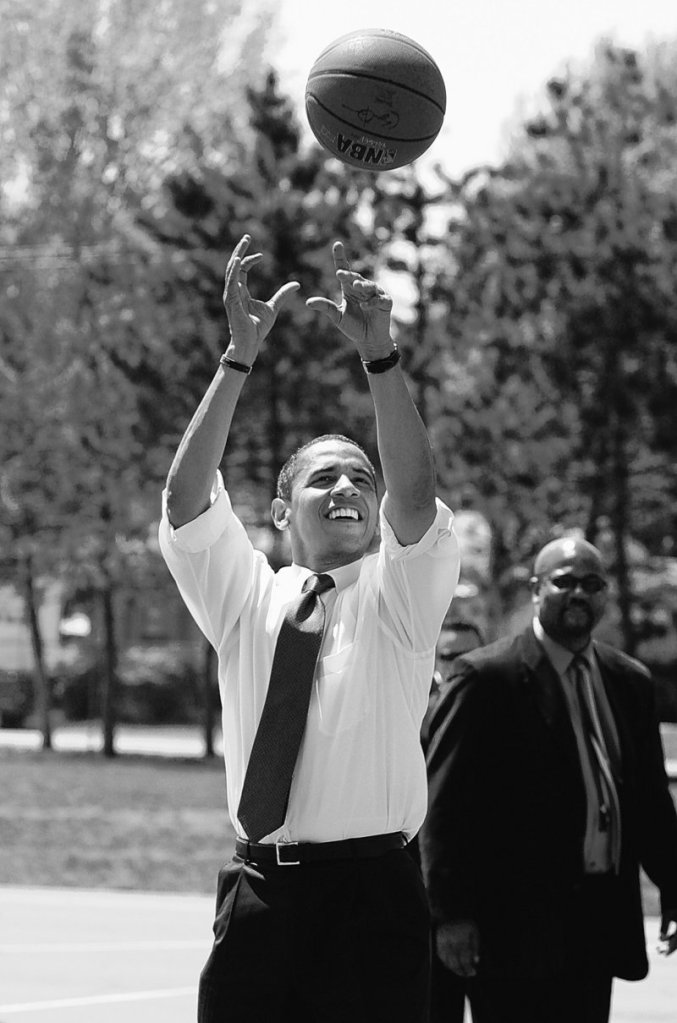 Barack Obama shows his basketball prowess while campaiging for office. On Sunday, he and several real hoop stars performed for troops.