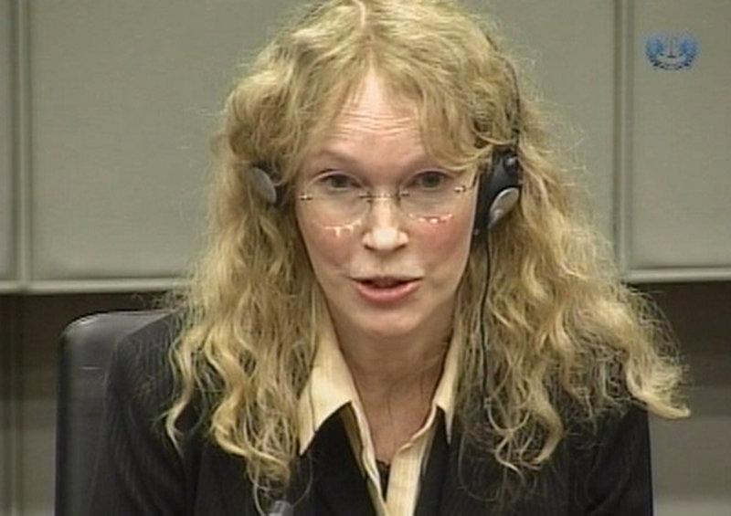 Mia Farrow, in an image taken from TV, testifies Monday at the Charles Taylor war crimes trial in Leidschendam, Netherlands.